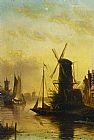Jan Jacob Coenraad Spohler Canvas Paintings - A Summer Landscape with a Windmill at Sunset